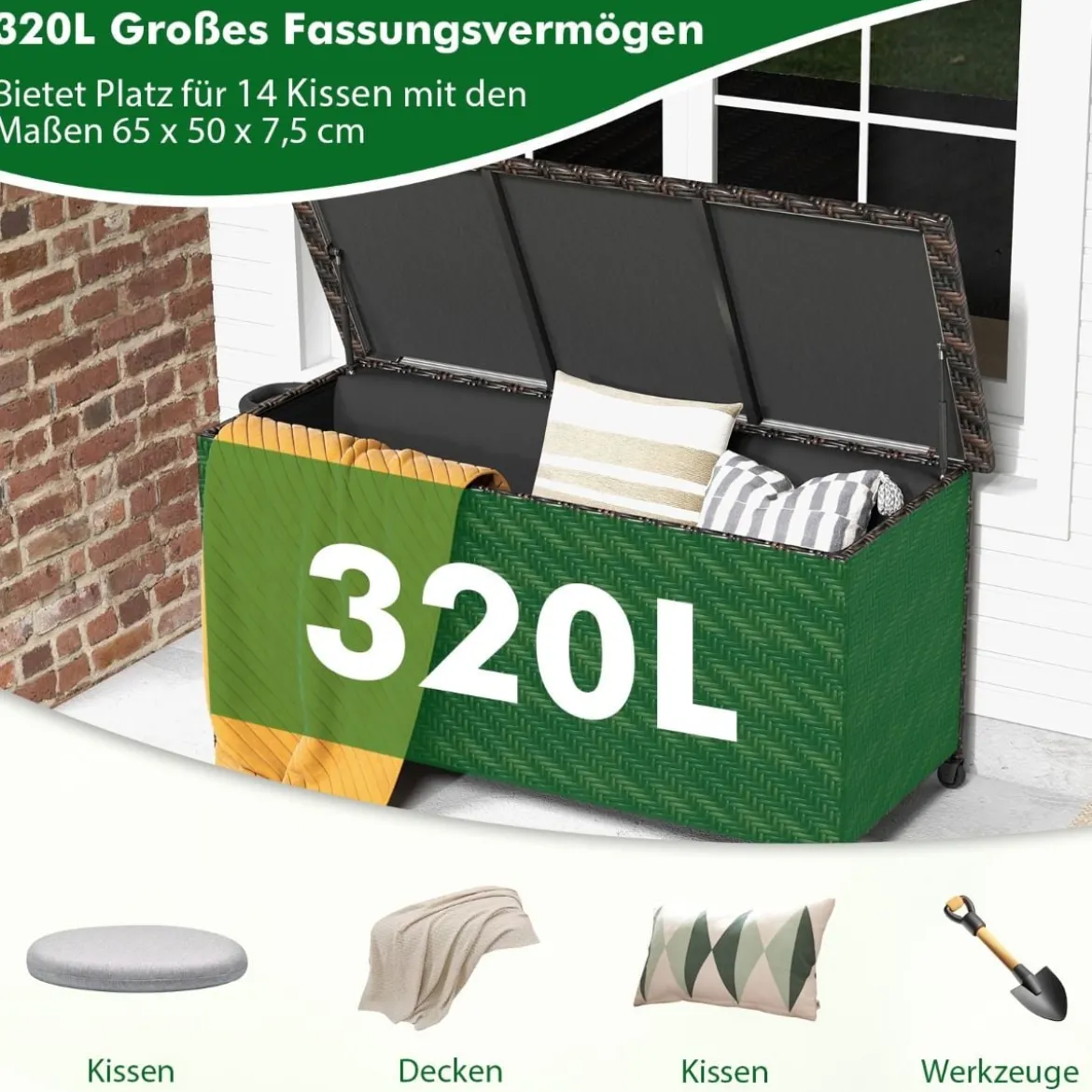 Auflagenbox mit Rollen & 320 L Kapazität Wasserdichte Kissenbox Polyrattan Aufbewahrungsbox