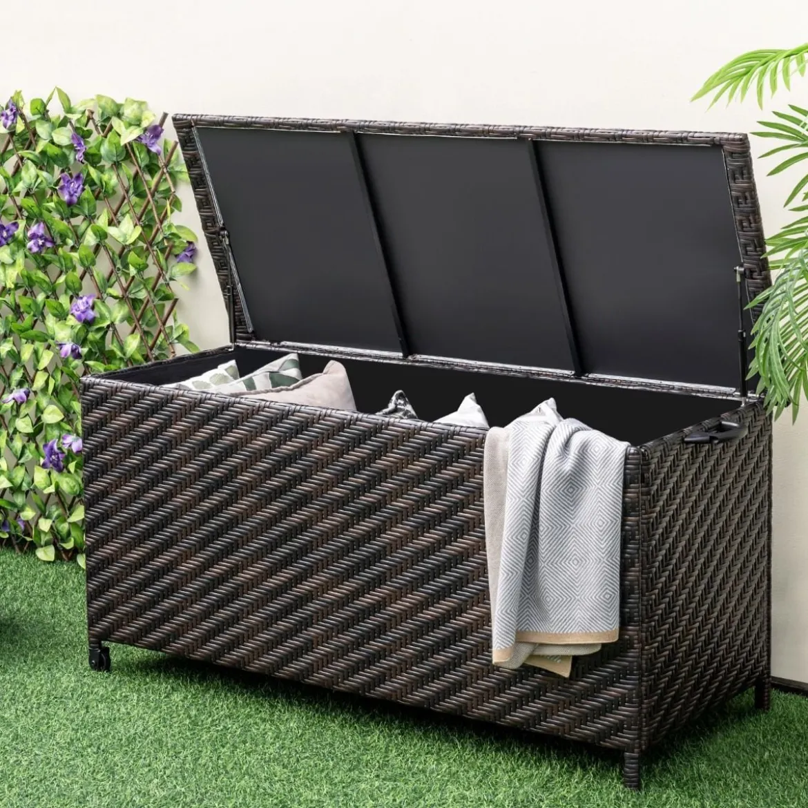 Auflagenbox mit Rollen & 320 L Kapazität Wasserdichte Kissenbox Polyrattan Aufbewahrungsbox