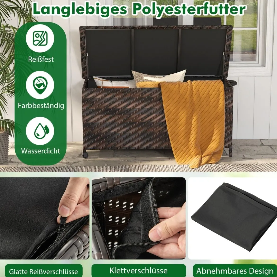 Auflagenbox mit Rollen & 320 L Kapazität Wasserdichte Kissenbox Polyrattan Aufbewahrungsbox