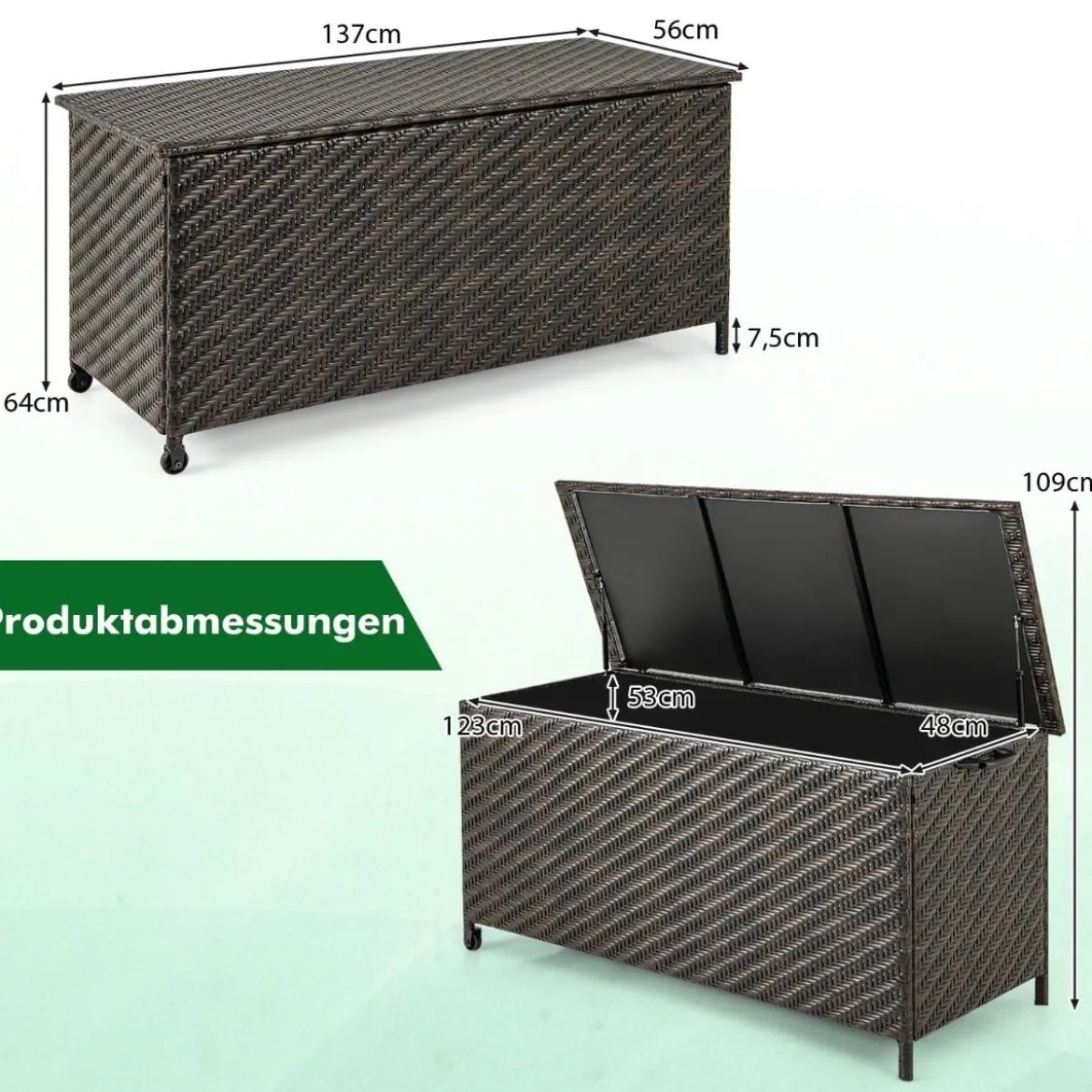 Auflagenbox mit Rollen & 320 L Kapazität Wasserdichte Kissenbox Polyrattan Aufbewahrungsbox