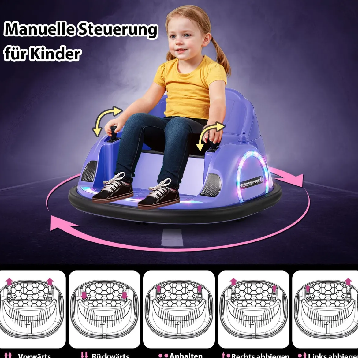 Aufsitz-Bumper-Car für Kleinkinder 12V elektrisches 360°-Spin-Auto-Spielzeug mit Fernbedienung Lila