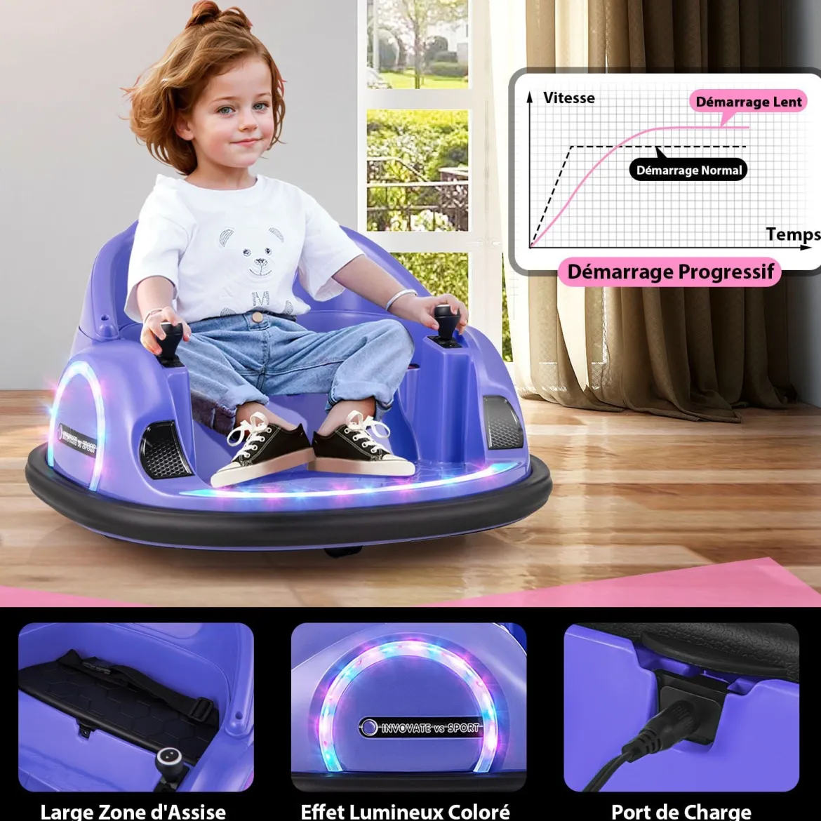 Aufsitz-Bumper-Car für Kleinkinder 12V elektrisches 360°-Spin-Auto-Spielzeug mit Fernbedienung Lila