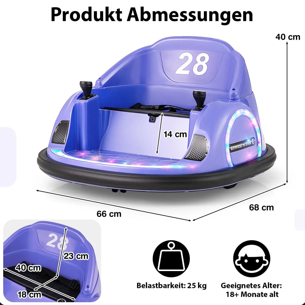 Aufsitz-Bumper-Car für Kleinkinder 12V elektrisches 360°-Spin-Auto-Spielzeug mit Fernbedienung Lila