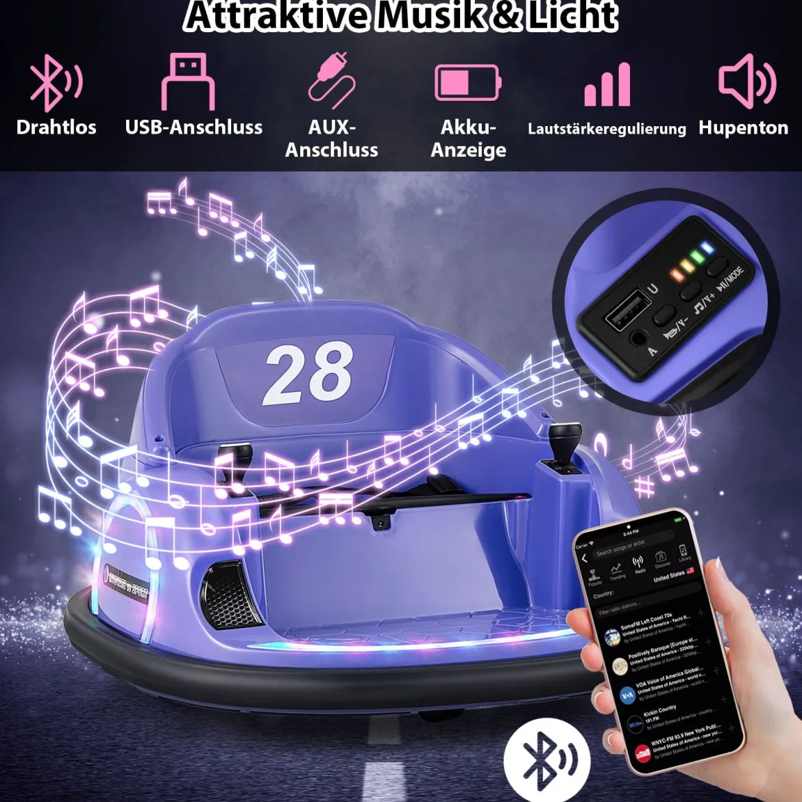 Aufsitz-Bumper-Car für Kleinkinder 12V elektrisches 360°-Spin-Auto-Spielzeug mit Fernbedienung Lila