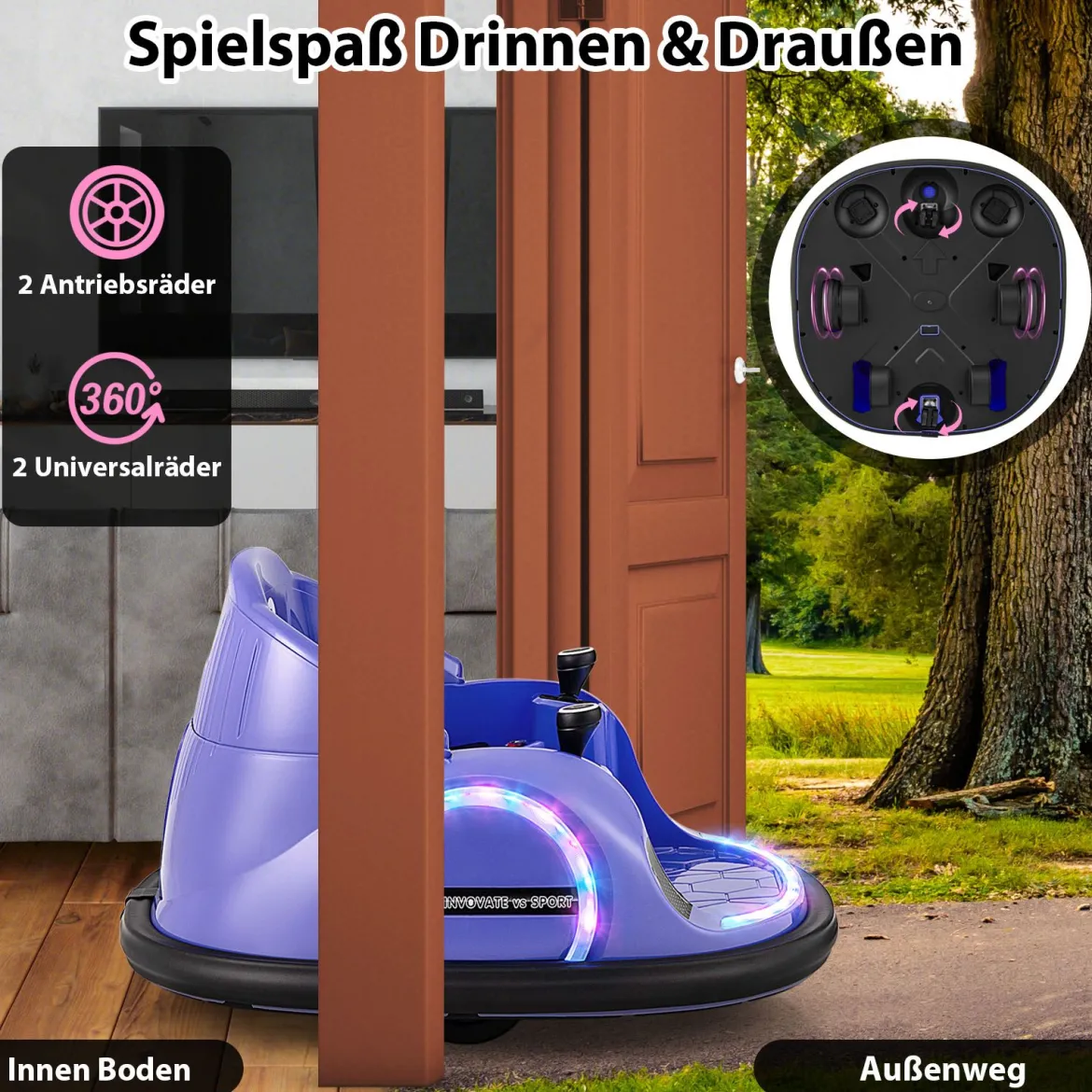 Aufsitz-Bumper-Car für Kleinkinder 12V elektrisches 360°-Spin-Auto-Spielzeug mit Fernbedienung Lila