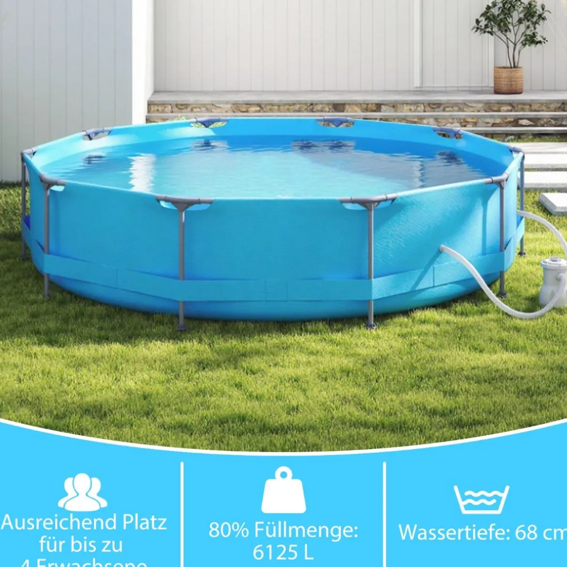 Aufstellpool 36 M x 76 CM Rund Außenrahmen mit Filterpumpe 6125 L Wasserkapazität Gartenpool für Erwachsene