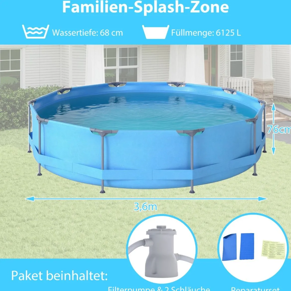 Aufstellpool 36 M x 76 CM Rund Außenrahmen mit Filterpumpe 6125 L Wasserkapazität Gartenpool für Erwachsene