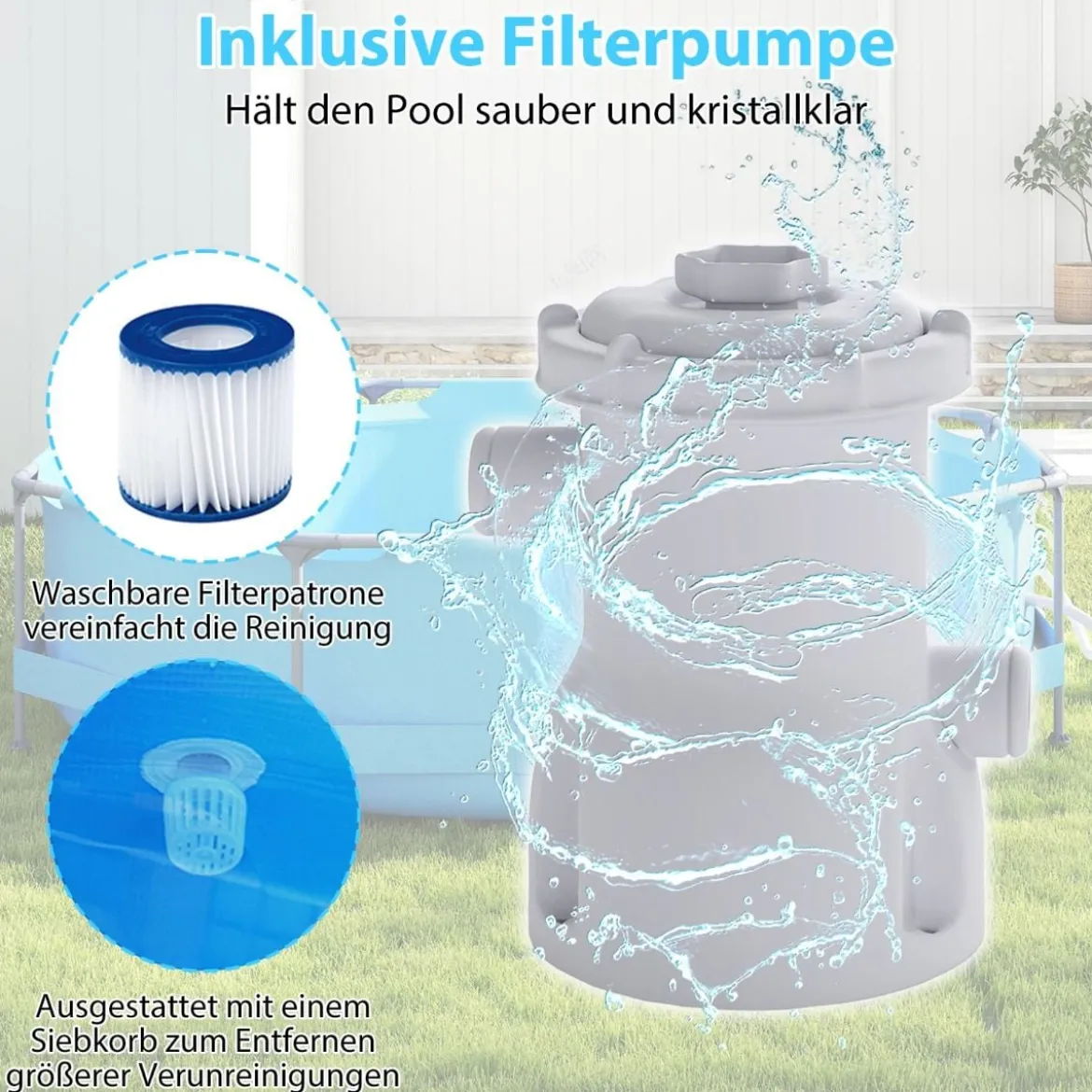 Aufstellpool 36 M x 76 CM Rund Außenrahmen mit Filterpumpe 6125 L Wasserkapazität Gartenpool für Erwachsene