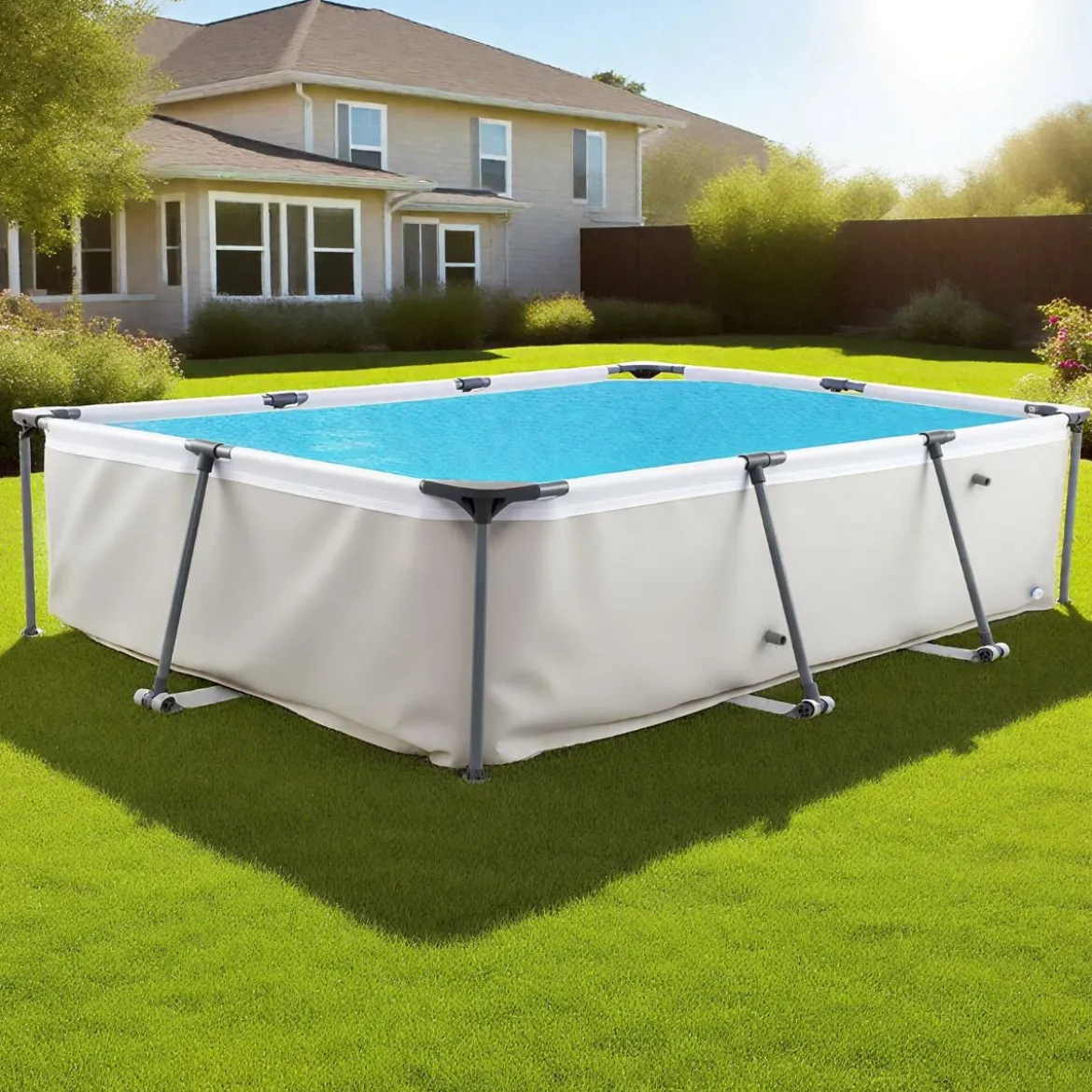 Aufstellpool Rechteckiger Großer Swimmingpool mit Filterpumpe Kartusche und Metallrahmen 300 cm x 207 cm x 66 cm Grau