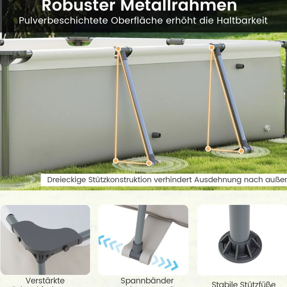 Aufstellpool Rechteckiger Großer Swimmingpool mit Filterpumpe Kartusche und Metallrahmen 300 cm x 207 cm x 66 cm Grau