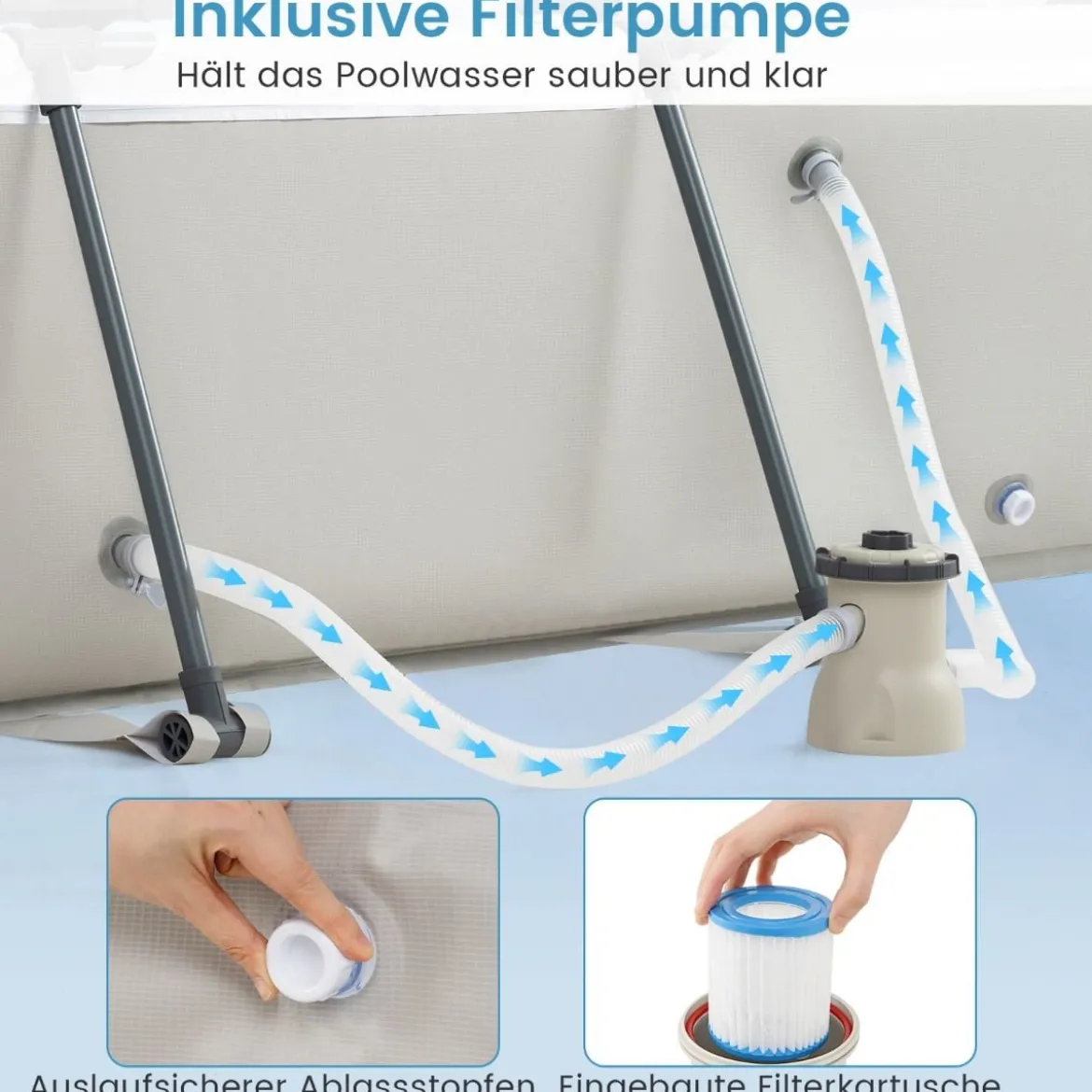 Aufstellpool Rechteckiger Großer Swimmingpool mit Filterpumpe Kartusche und Metallrahmen 300 cm x 207 cm x 66 cm Grau