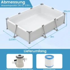 Aufstellpool Rechteckiger Großer Swimmingpool mit Filterpumpe Kartusche und Metallrahmen 300 cm x 207 cm x 66 cm Grau