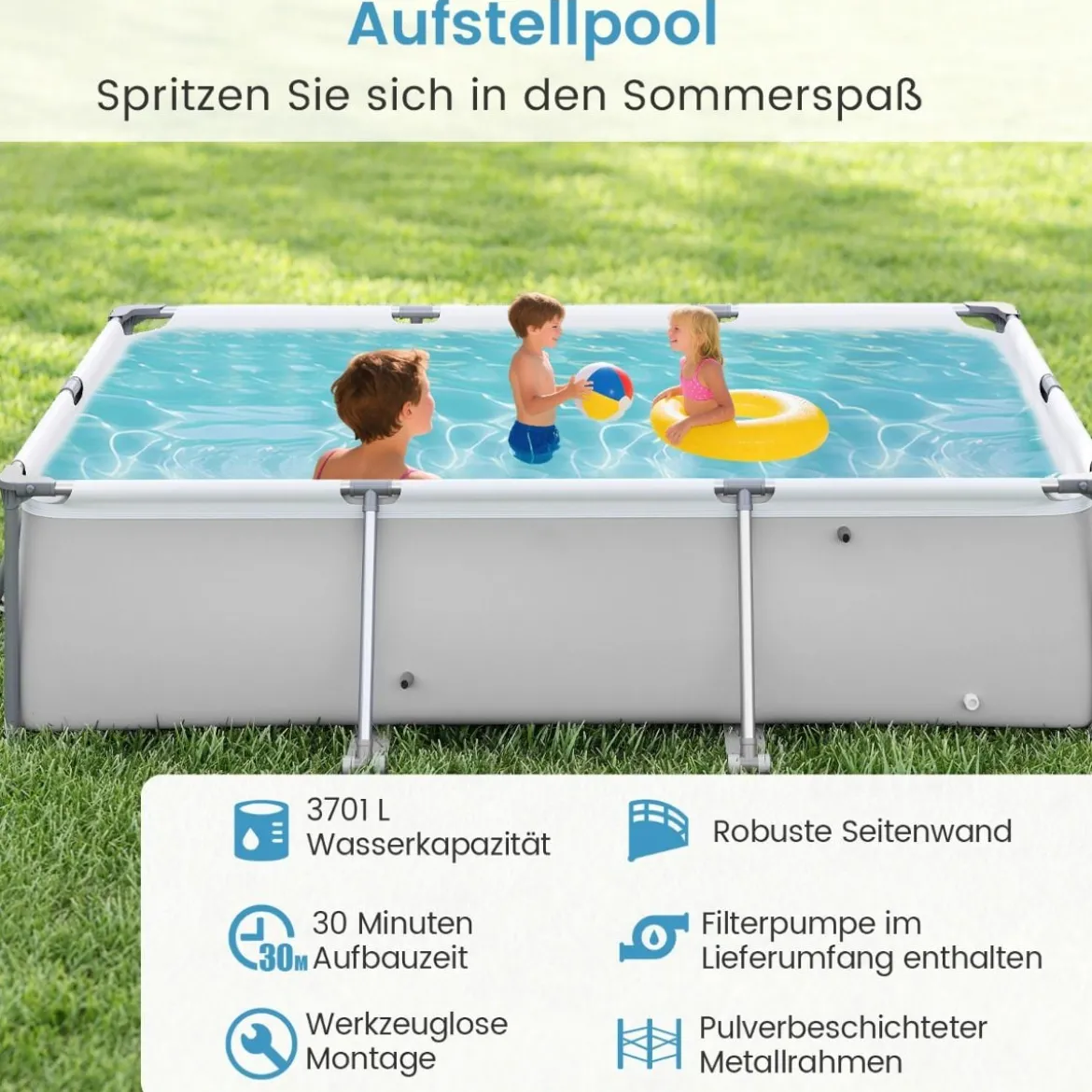 Aufstellpool Rechteckiger Großer Swimmingpool mit Filterpumpe Kartusche und Metallrahmen 300 cm x 207 cm x 66 cm Grau