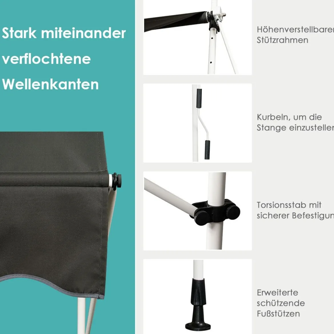 Ausfahrbarer Baldachin Sonnenschutz mit Kurbel höhenverstellbare Markise 150 x 120 cm Grau