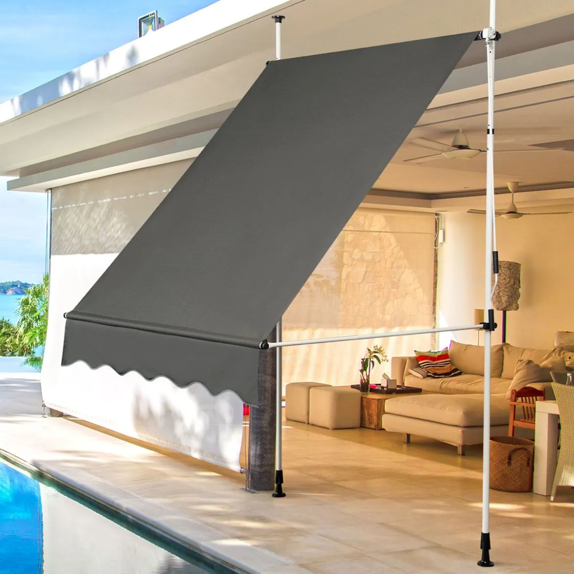 Ausfahrbarer Baldachin Sonnenschutz mit Kurbel höhenverstellbare Markise 150 x 120 cm Grau