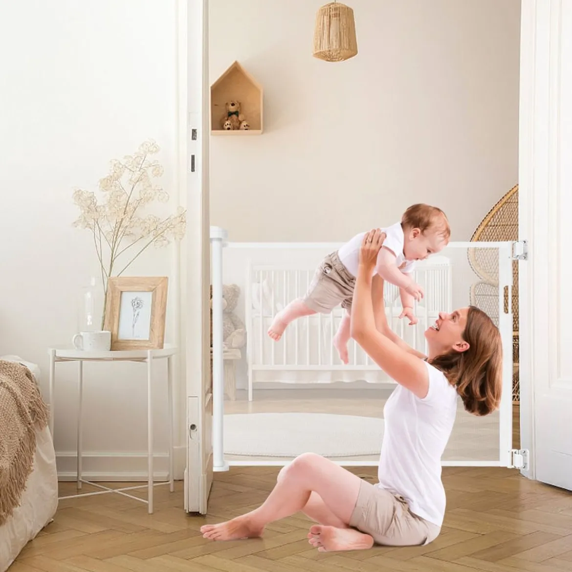 Ausziehbare Baby-Sicherheitstür Kinder-/Haustiergitter mit abschließbarer Griff 146 x 86 cm Weiß