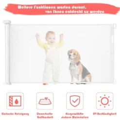Ausziehbare Baby-Sicherheitstür Kinder-/Haustiergitter mit abschließbarer Griff 146 x 86 cm Weiß