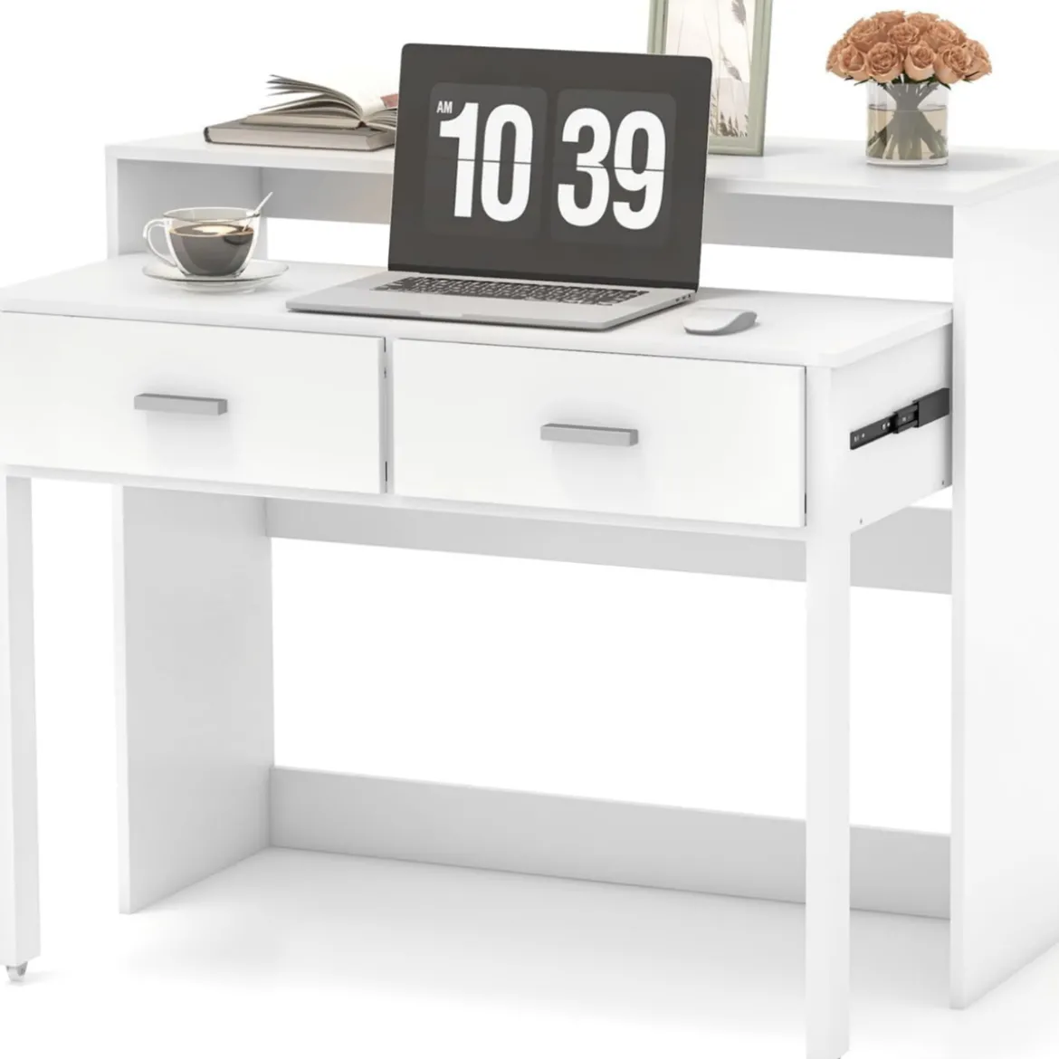 Ausziehbarer Schreibtisch mit 2 Schubladen Kleiner Computertisch mit Monitorablage und Rollen 100 x 39-68 x 85 cm Weiß