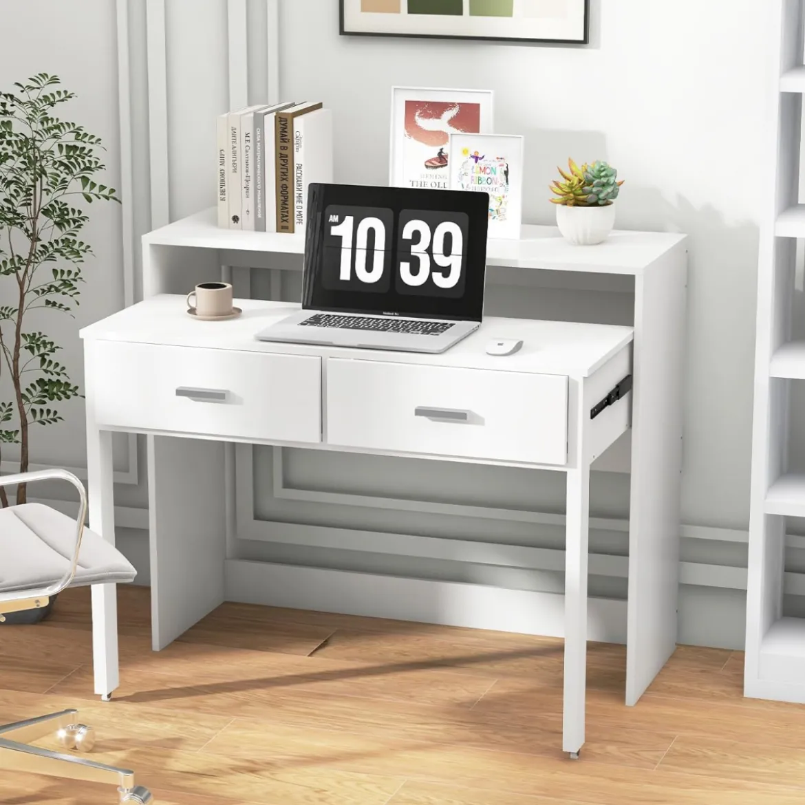 Ausziehbarer Schreibtisch mit 2 Schubladen Kleiner Computertisch mit Monitorablage und Rollen 100 x 39-68 x 85 cm Weiß