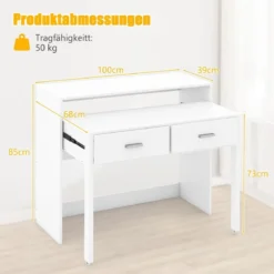 Ausziehbarer Schreibtisch mit 2 Schubladen Kleiner Computertisch mit Monitorablage und Rollen 100 x 39-68 x 85 cm Weiß