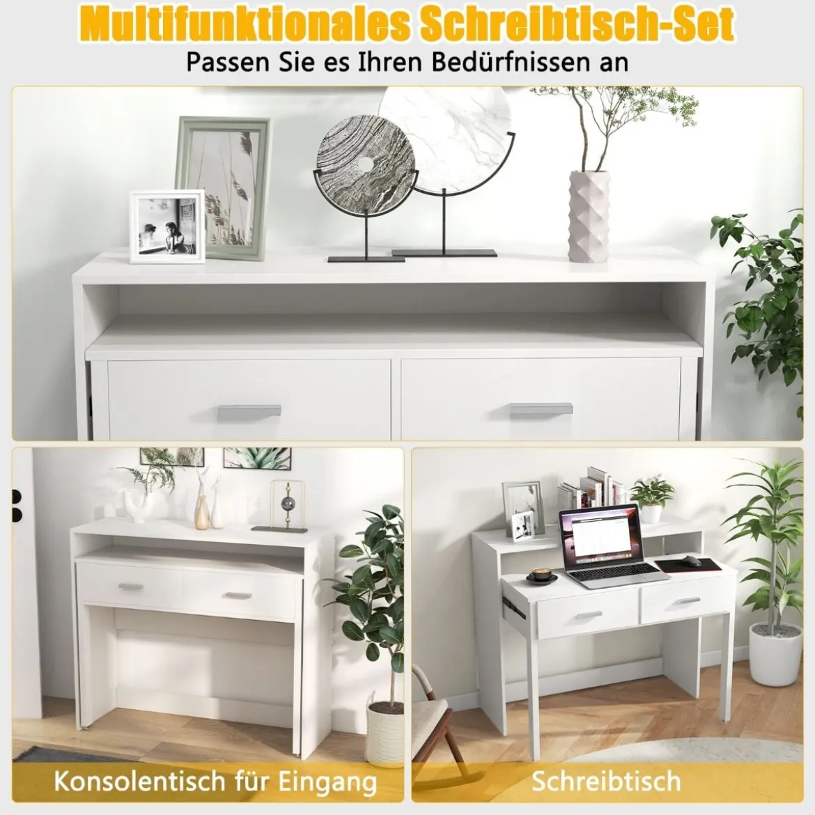 Ausziehbarer Schreibtisch mit 2 Schubladen Kleiner Computertisch mit Monitorablage und Rollen 100 x 39-68 x 85 cm Weiß