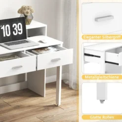 Ausziehbarer Schreibtisch mit 2 Schubladen Kleiner Computertisch mit Monitorablage und Rollen 100 x 39-68 x 85 cm Weiß