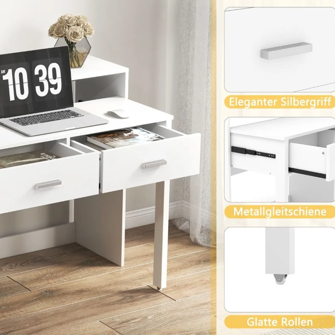 Ausziehbarer Schreibtisch mit 2 Schubladen Kleiner Computertisch mit Monitorablage und Rollen 100 x 39-68 x 85 cm Weiß