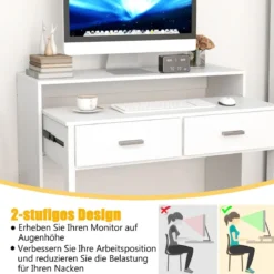 Ausziehbarer Schreibtisch mit 2 Schubladen Kleiner Computertisch mit Monitorablage und Rollen 100 x 39-68 x 85 cm Weiß