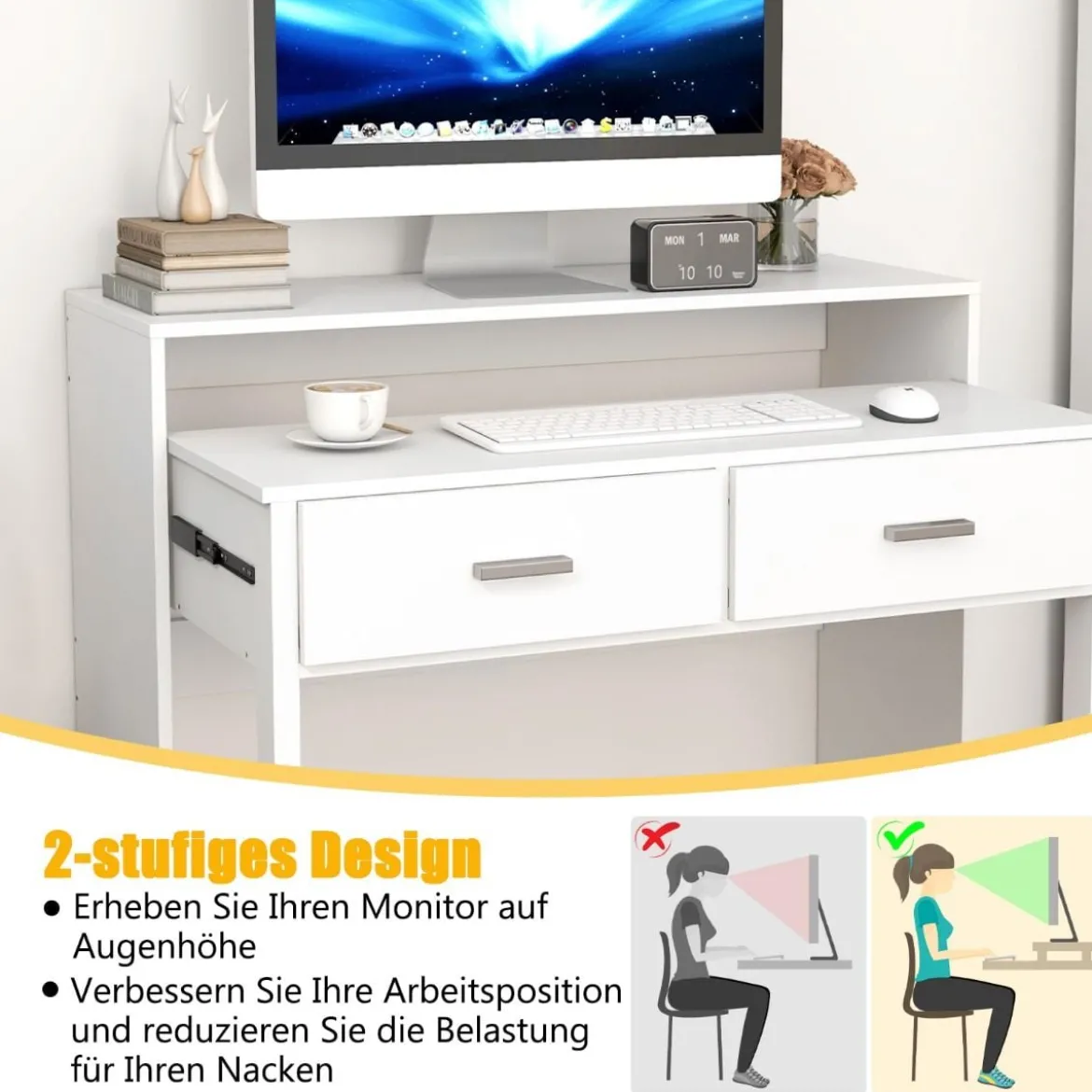 Ausziehbarer Schreibtisch mit 2 Schubladen Kleiner Computertisch mit Monitorablage und Rollen 100 x 39-68 x 85 cm Weiß