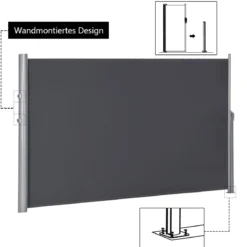 Ausziehbare Seitenmarkise Sonnen- und Windschutz faltbar Sichtschutz Seitenmarkise 300 x 160 cm Grau