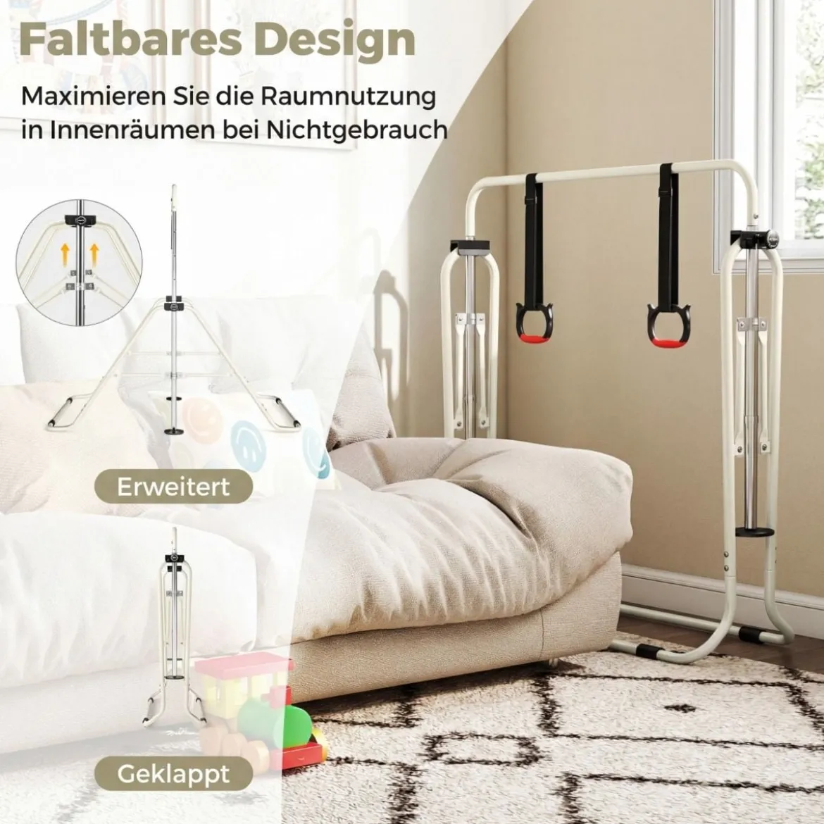Ausziehbare Turnstange für Kinder 4-fach höhenverstellbare Reckstange mit stabilem Metallrahmen Beige