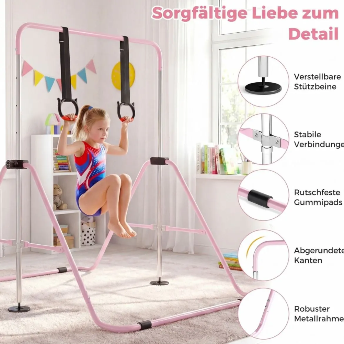 Ausziehbare Turnstange für Kinder 4-fach höhenverstellbare Reckstange mit stabilem Metallrahmen Rosa