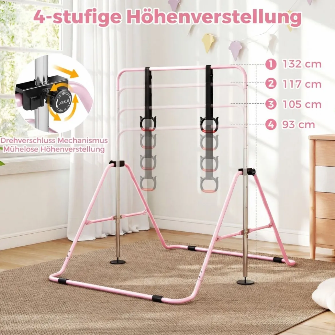 Ausziehbare Turnstange für Kinder 4-fach höhenverstellbare Reckstange mit stabilem Metallrahmen Rosa