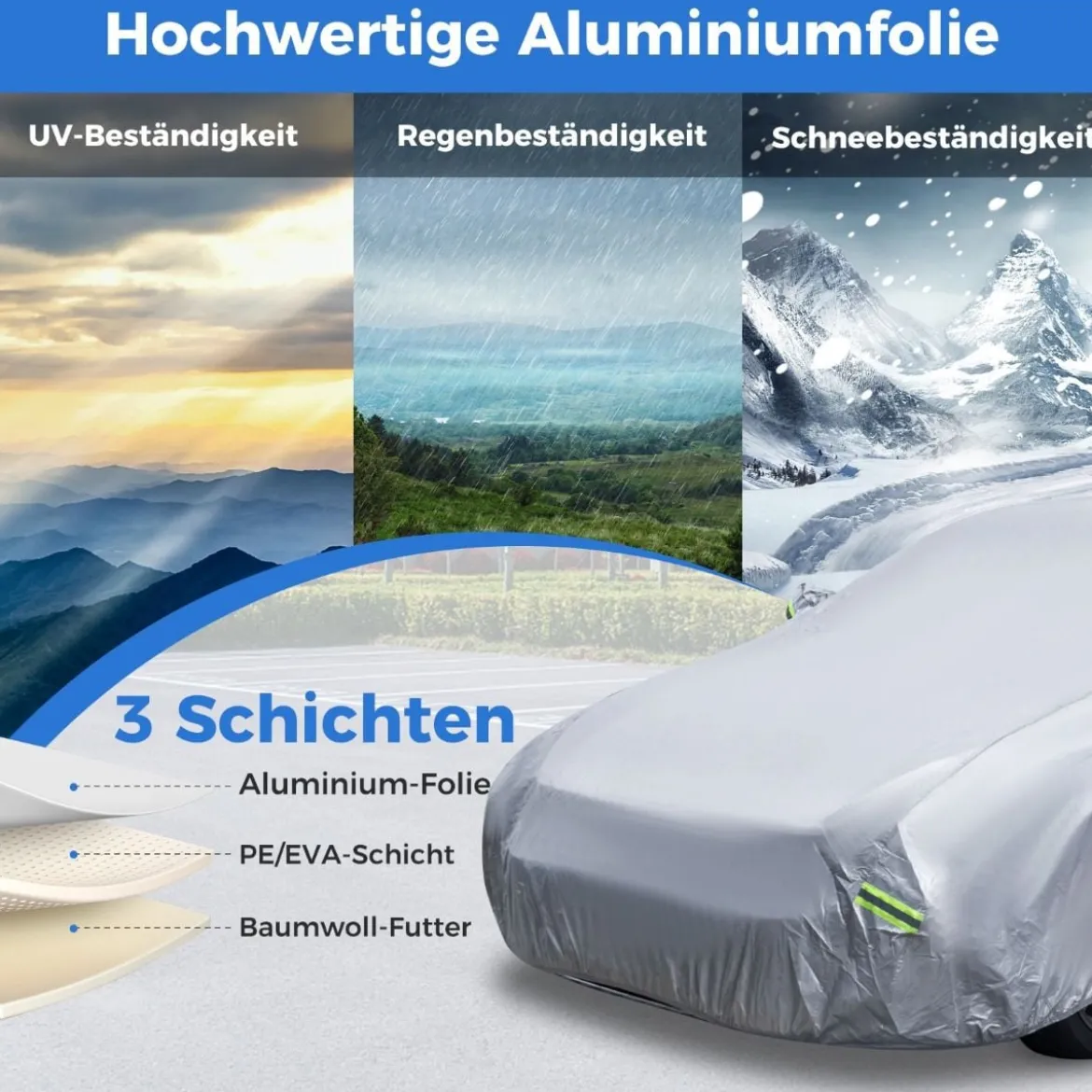 Auto Abdeckplane mit Reißverschluss & Tasche Wetterfeste Autoabdeckung 455 x 165 x 115 cm Silber