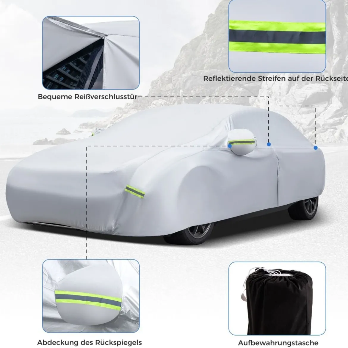 Auto Abdeckplane mit Reißverschluss & Tasche Wetterfeste Autoabdeckung 455 x 165 x 115 cm Silber