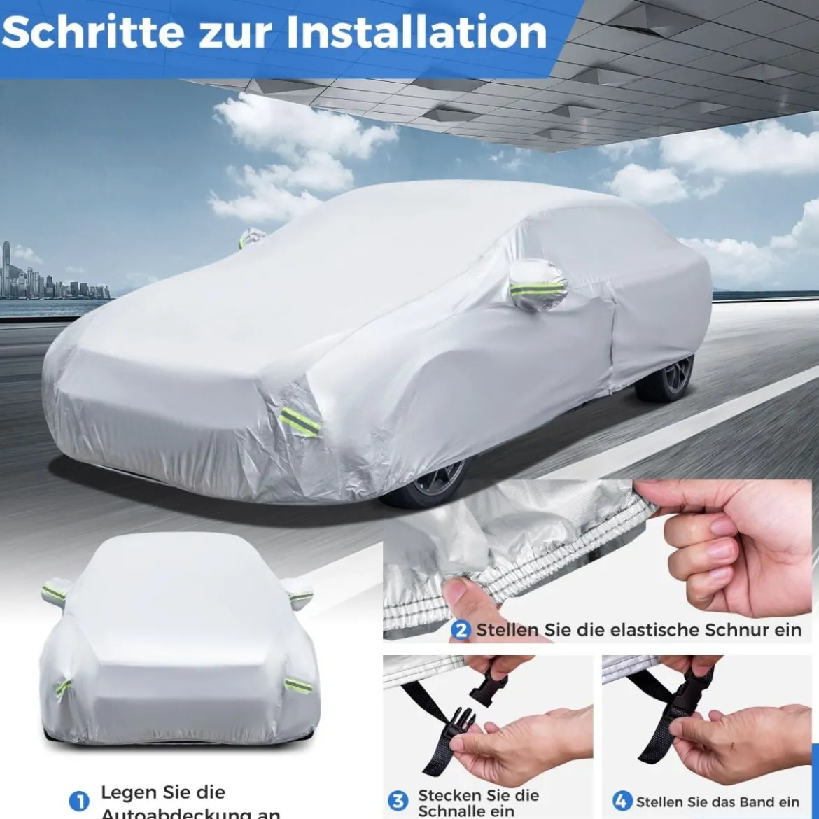 Auto Abdeckplane mit Reißverschluss & Tasche Wetterfeste Autoabdeckung 455 x 165 x 115 cm Silber