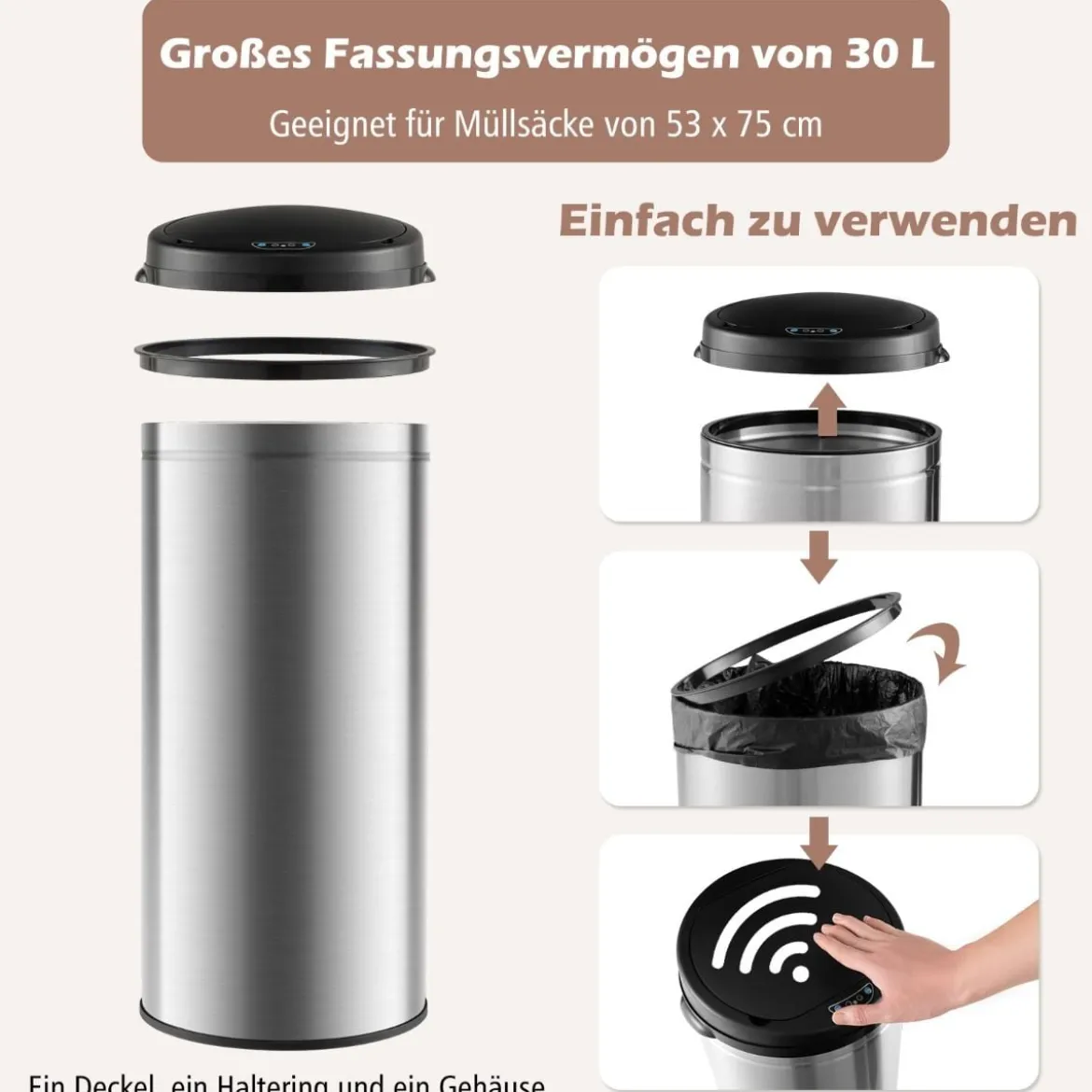 Automatischer Mülleimer mit 30 L Kapazität & Bewegungssensor berührungsloser Abfalleimer