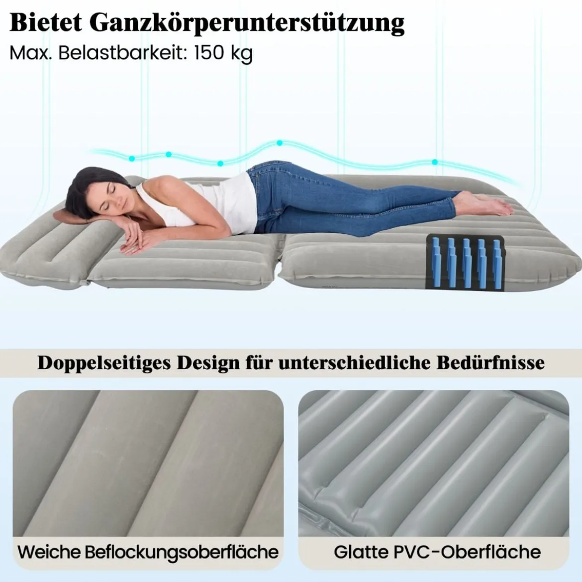 Auto Matratze 190 x 130 cm SUV Luftmatratze doppelseitig aufblasbares Luftbett mit Luftpumpe Grau