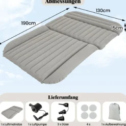Auto Matratze 190 x 130 cm SUV Luftmatratze doppelseitig aufblasbares Luftbett mit Luftpumpe Grau