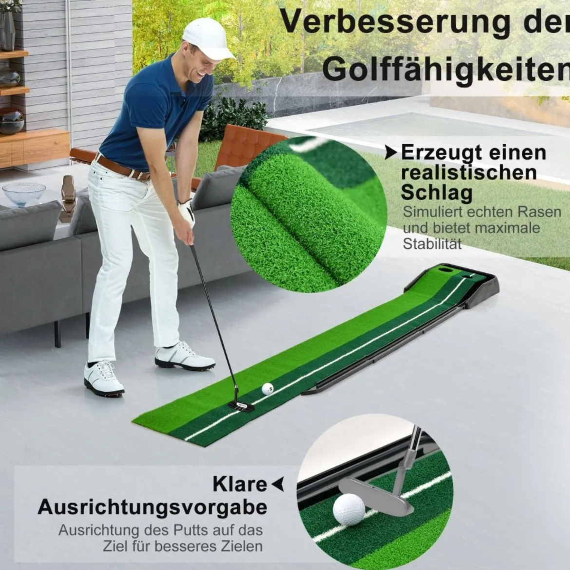 Auto Rückkehr Puttingmatte mit 2 Löchern automatischer Ballrücklaufbahn & Ausrichtungslinien Grün