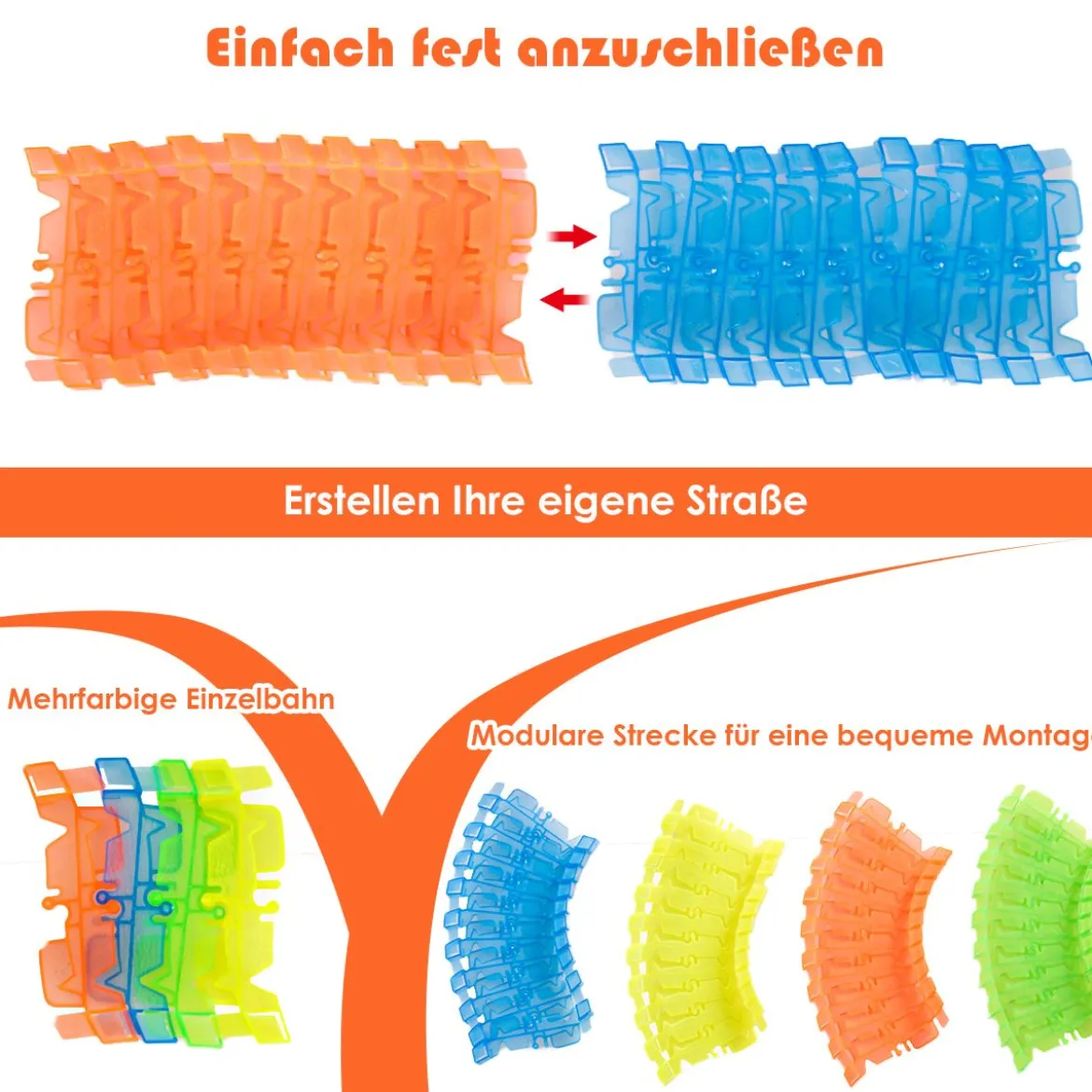 Autorennbahn Leuchtendes Rennbahn Set mit 366 Stk. Gleisblöcke Racetrack Spielset Bunt