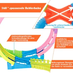 Autorennbahn Leuchtendes Rennbahn Set mit 366 Stk. Gleisblöcke Racetrack Spielset Bunt
