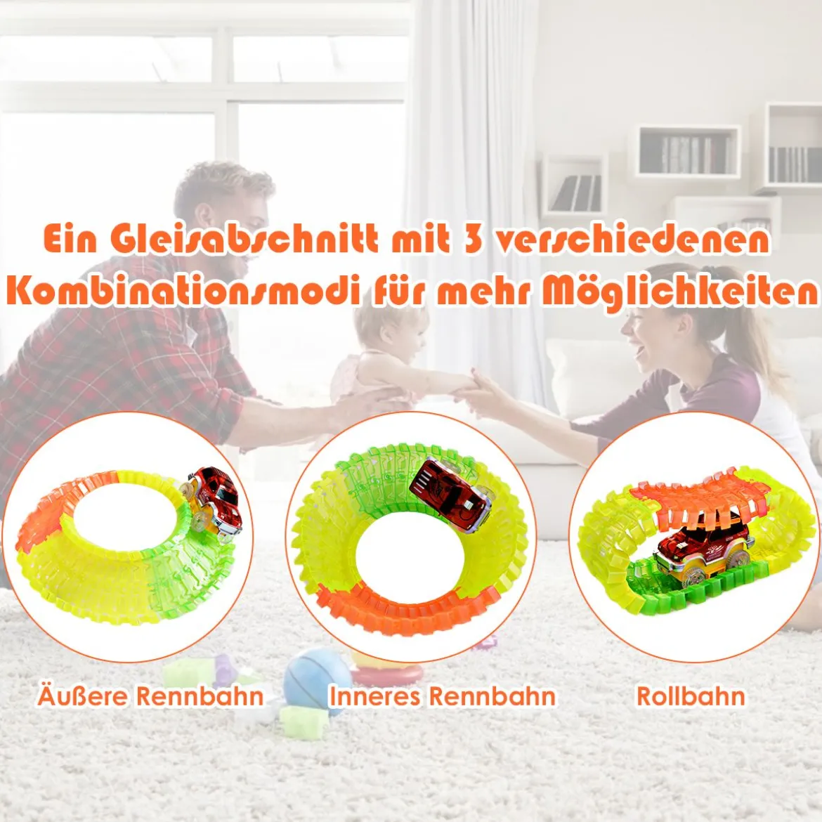 Autorennbahn Leuchtendes Rennbahn Set mit 366 Stk. Gleisblöcke Racetrack Spielset Bunt