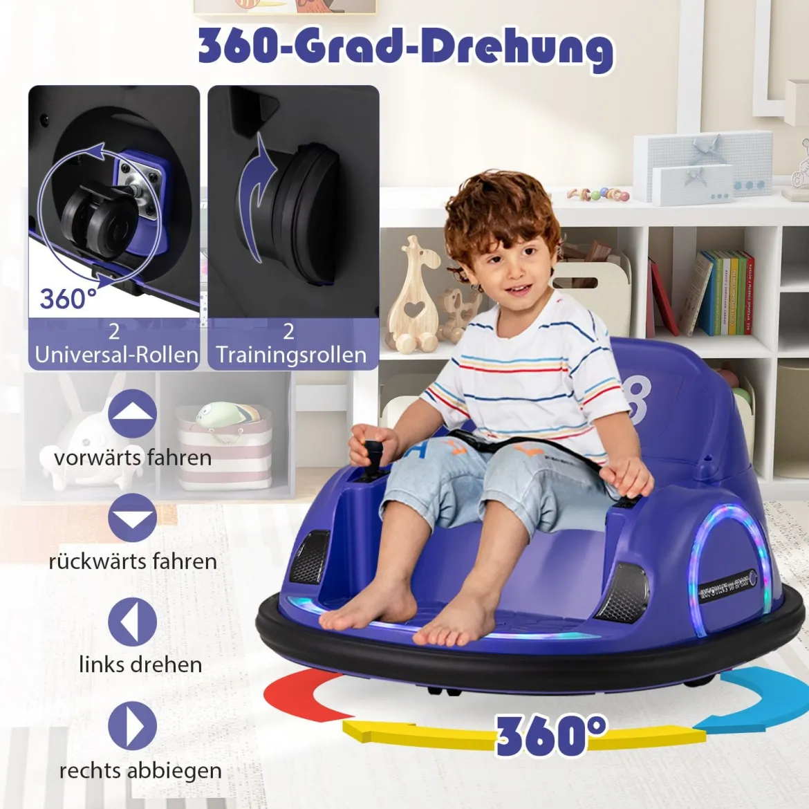 Autoscooter für Kinder elektrisches Bumper Car mit blinkenden LED-Lichtern Blau/Rot/Lil/Rosa