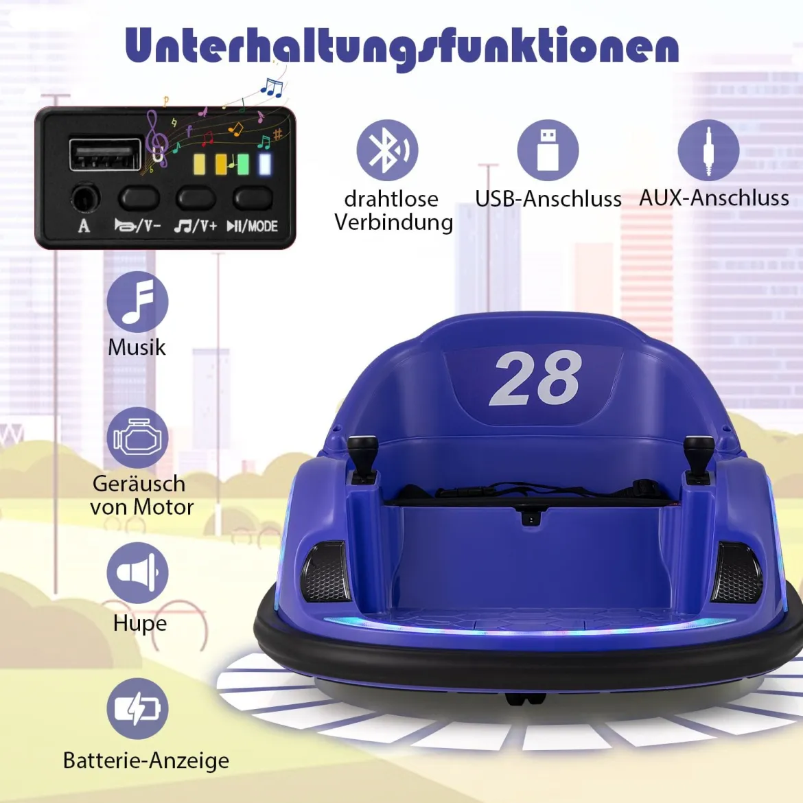 Autoscooter für Kinder elektrisches Bumper Car mit blinkenden LED-Lichtern Blau/Rot/Lil/Rosa
