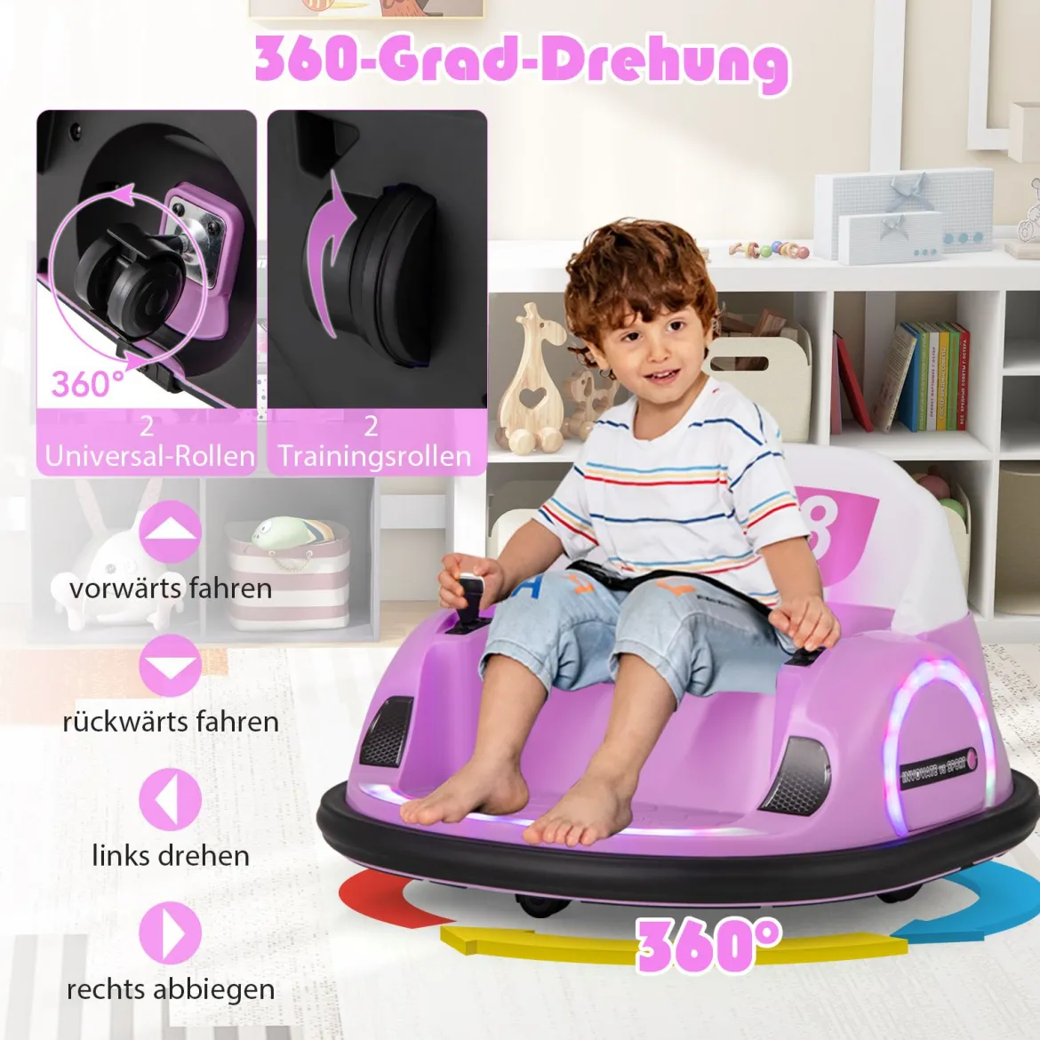 Autoscooter für Kinder elektrisches Bumper Car mit blinkenden LED-Lichtern Blau/Rot/Lil/Rosa