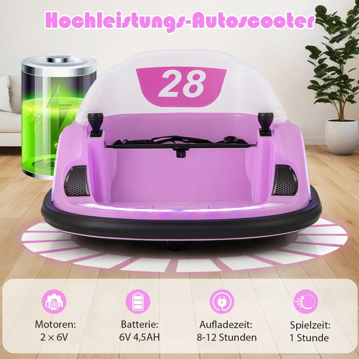 Autoscooter für Kinder elektrisches Bumper Car mit blinkenden LED-Lichtern Blau/Rot/Lil/Rosa