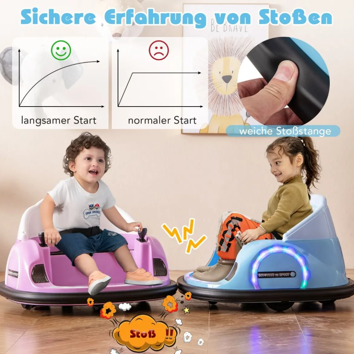 Autoscooter für Kinder elektrisches Bumper Car mit blinkenden LED-Lichtern Blau/Rot/Lil/Rosa