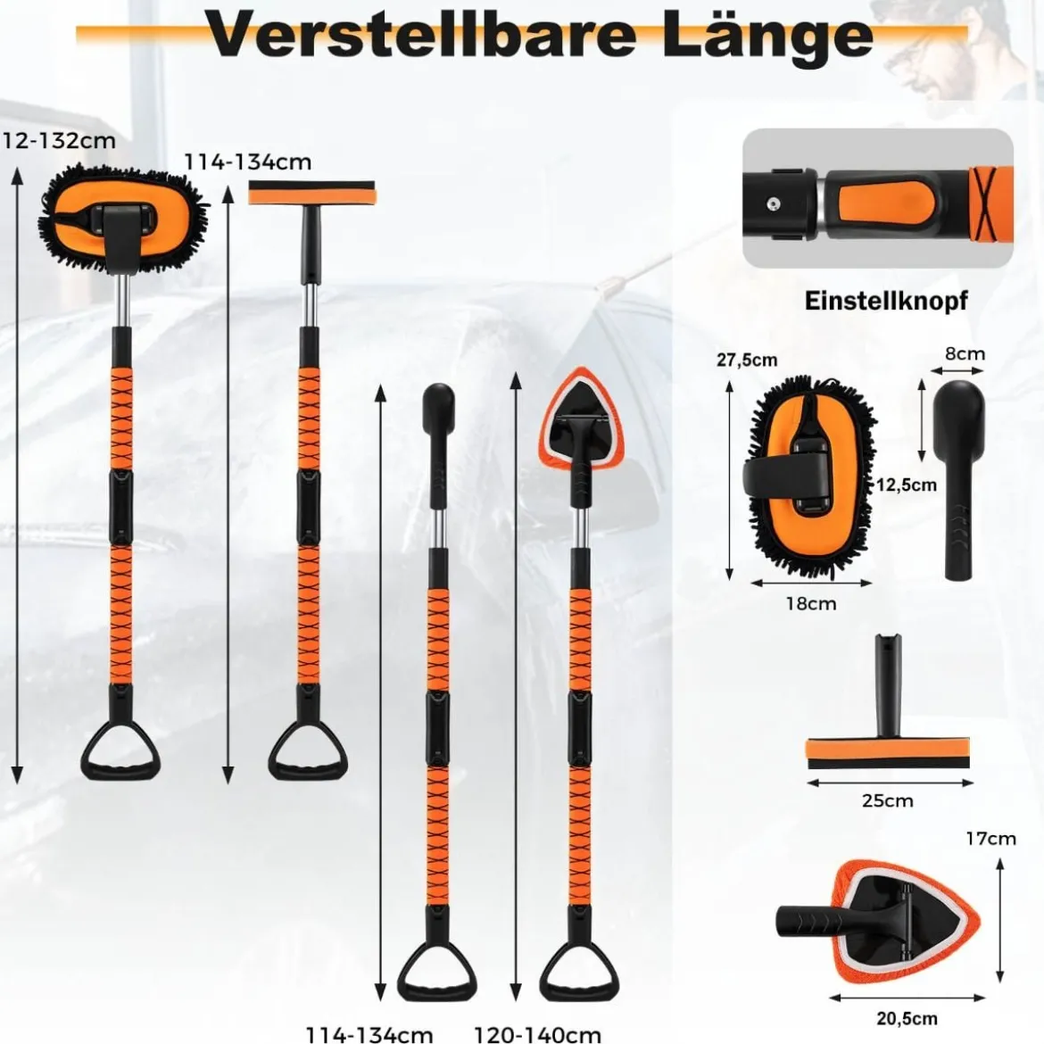 Autowaschbürste mit Teleskopgriff Kratzfreies Autowasch-Set mit D-Griff & Reifenbürsten