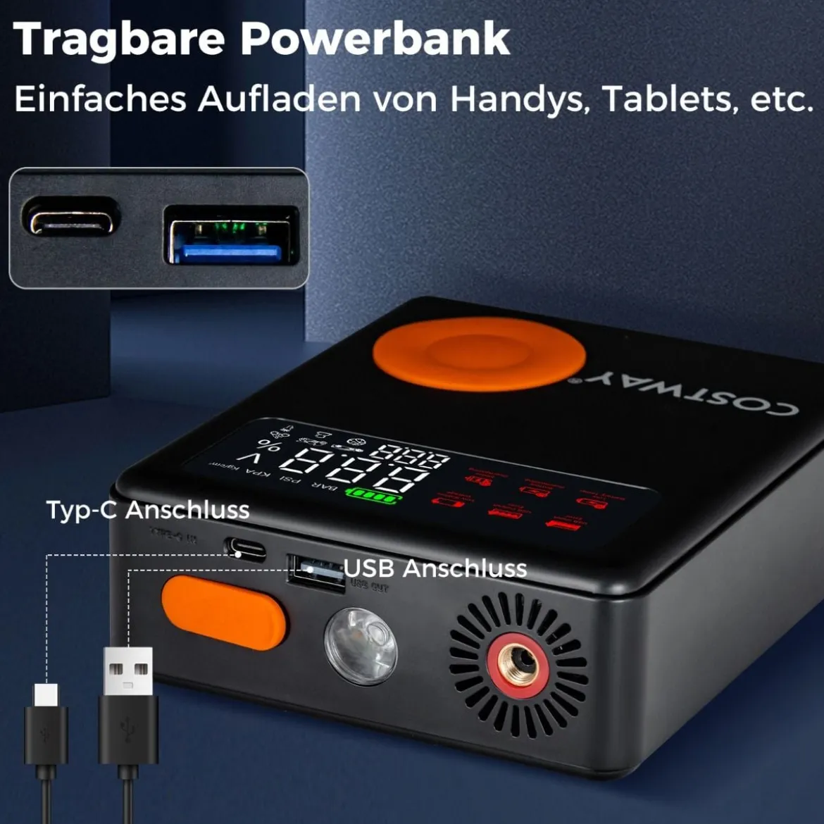 2000A 12V Autobatterie Starthilfe mit 150PSI Digital Reifenfüller & Luftkompressor & LED-Bildschirm 13000mAh Powerbank